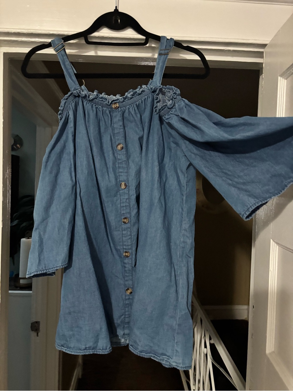 Light Blue Off-Shoulder Button-Front Dress